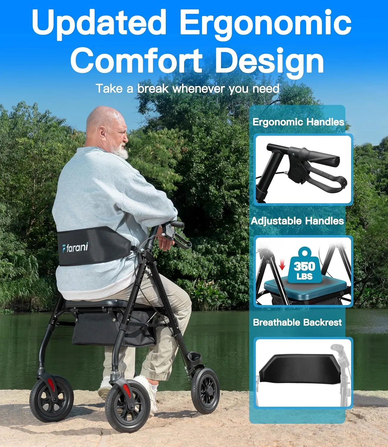 Farani All Terrain Rollator Walker - 10" Non-Pneumatic Tires, Cushion Seat & Padded Backrest, Ergonomic Dual Height Adjustable Handles, Foldable Aluminum Walker for Seniors, Black