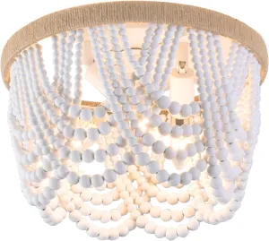 Farmhouse Small Chandelier Light Bohemia Wood Beaded Flush Mount Ceiling Light Antique Rustic Mini Chandelier White Finishing for Bedroom, Kitchen Island, Girl Room 3- Light