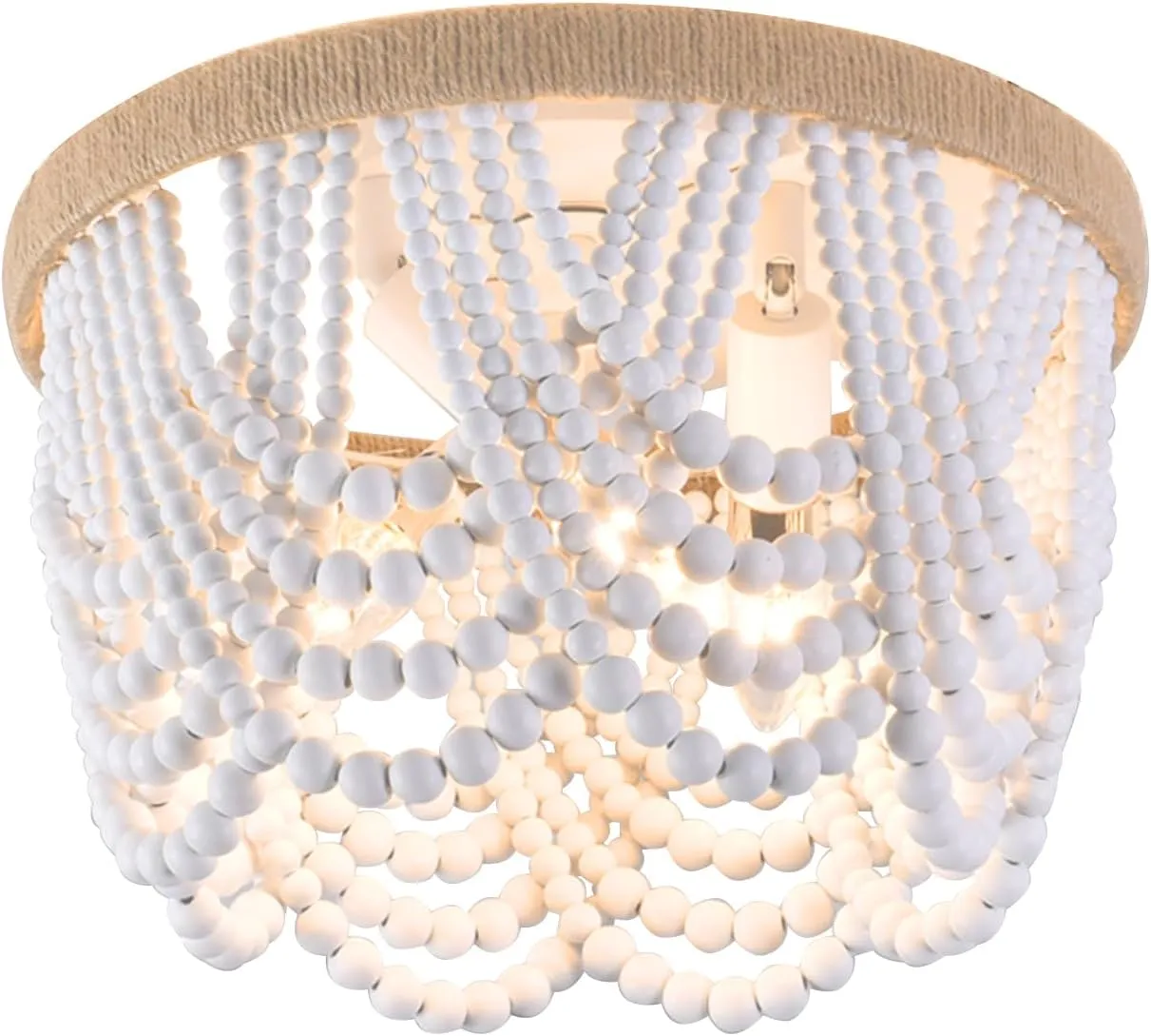 Farmhouse Small Chandelier Light Bohemia Wood Beaded Flush Mount Ceiling Light Antique Rustic Mini Chandelier White Finishing for Bedroom, Kitchen Island, Girl Room 3- Light
