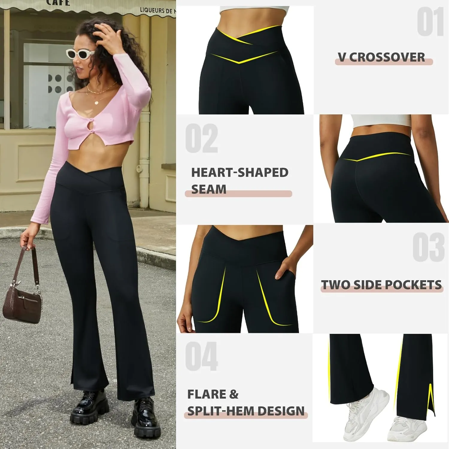 FARUNGS Womens Crossover Flare Yoga Pants High Waisted Split Hem Flare Leggings with Pockets Bootcut Workout Pants