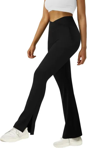 FARUNGS Womens Crossover Flare Yoga Pants High Waisted Split Hem Flare Leggings with Pockets Bootcut Workout Pants