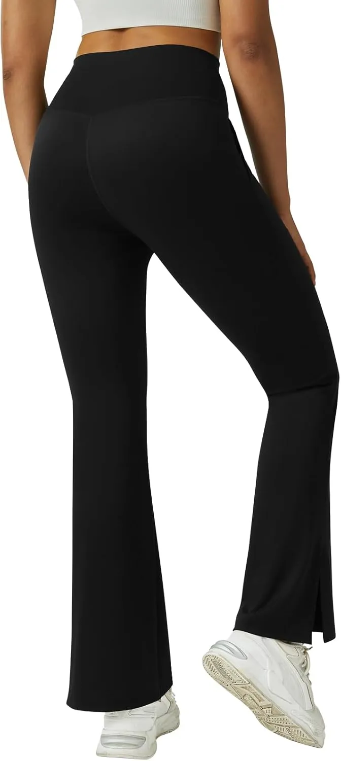 FARUNGS Womens Crossover Flare Yoga Pants High Waisted Split Hem Flare Leggings with Pockets Bootcut Workout Pants