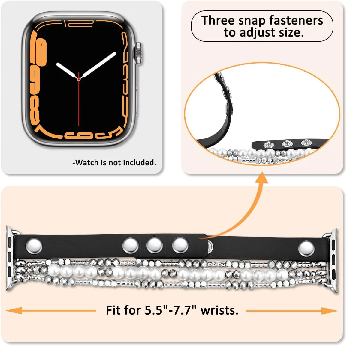 fastgo Leather Band Compatible with Apple Watch 38mm 40mm 41mm Women, Elastic Beaded Bracelet Strap Adjustable for Iwatch SE & Series 9 Ultra 8 7 6 5 4 3 2 1 (Black/White, 38/40/41mm)