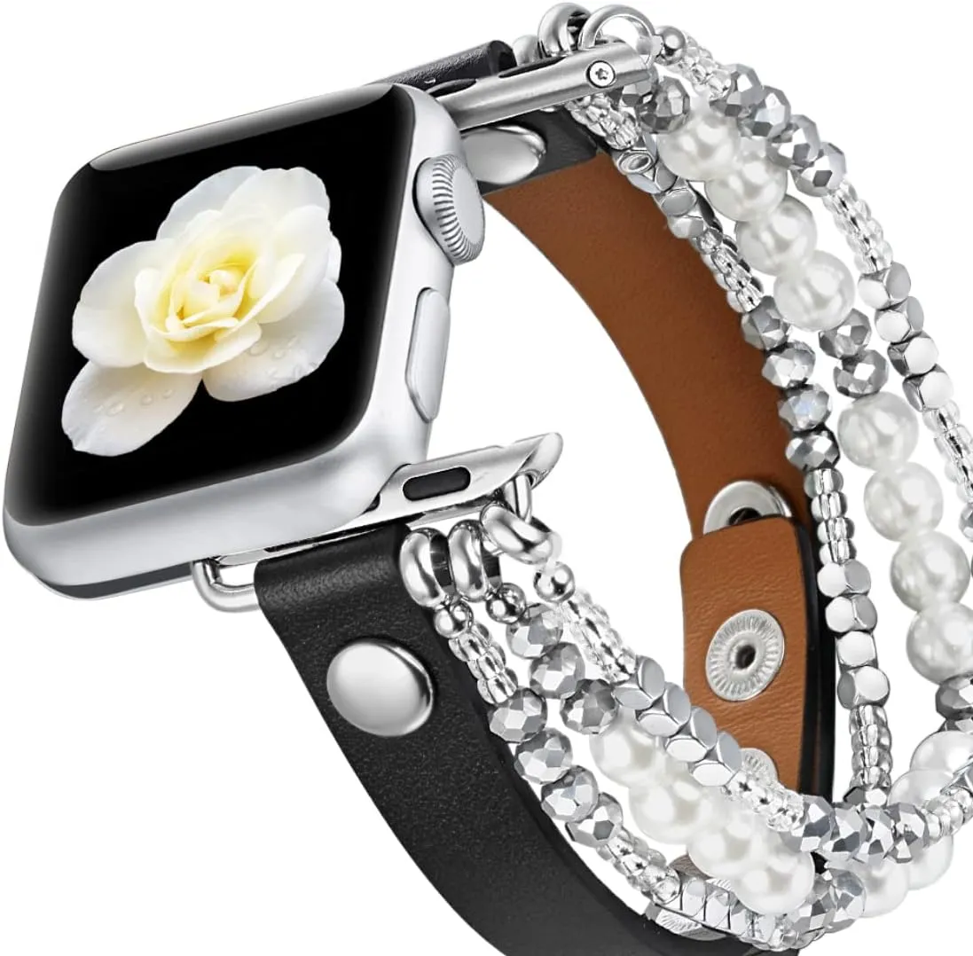fastgo Leather Band Compatible with Apple Watch 38mm 40mm 41mm Women, Elastic Beaded Bracelet Strap Adjustable for Iwatch SE & Series 9 Ultra 8 7 6 5 4 3 2 1 (Black/White, 38/40/41mm)