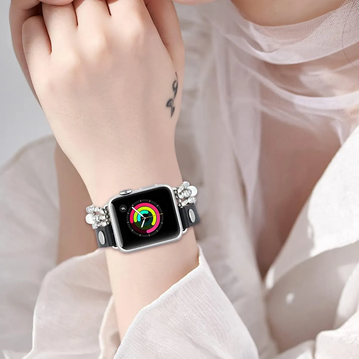 fastgo Leather Band Compatible with Apple Watch 38mm 40mm 41mm Women, Elastic Beaded Bracelet Strap Adjustable for Iwatch SE & Series 9 Ultra 8 7 6 5 4 3 2 1 (Black/White, 38/40/41mm)
