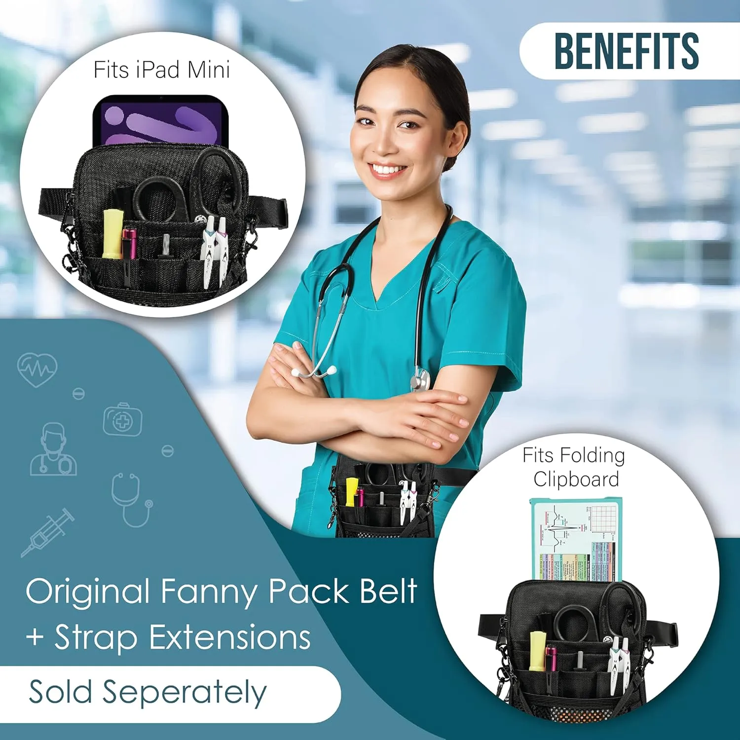 First Lifesaver 4-in-1 Nurse Fanny Pack with Medical Gear Pockets, Tape Holder, and Utility Storage for Stethoscopes, Bandage Scissors, and Emergency Supplies, Student and Nurse Use (Black)