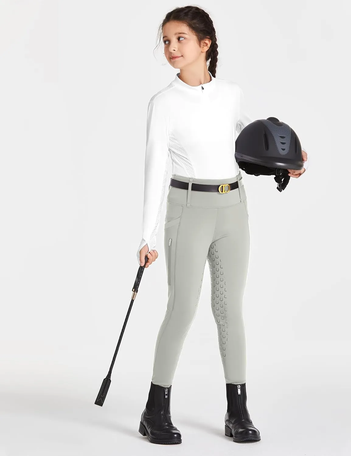 FitsT4 Sports Girls Riding Pants Full Seat High Waist Kids Equestrian Breeches Horse Schooling Tights Zipper Pockets