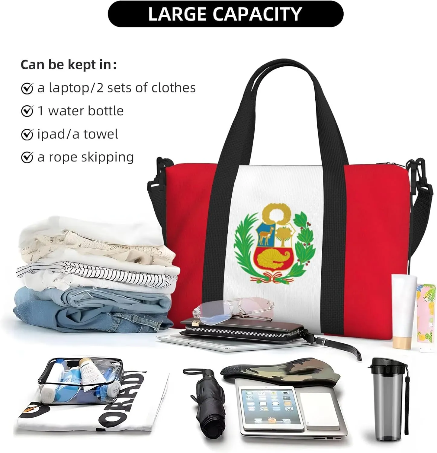 Flag Of Peru Travel Duffel Bag Carry On Tote Bags For Men,Weekender Overnight Bag,Sports Tote Gym Bag
