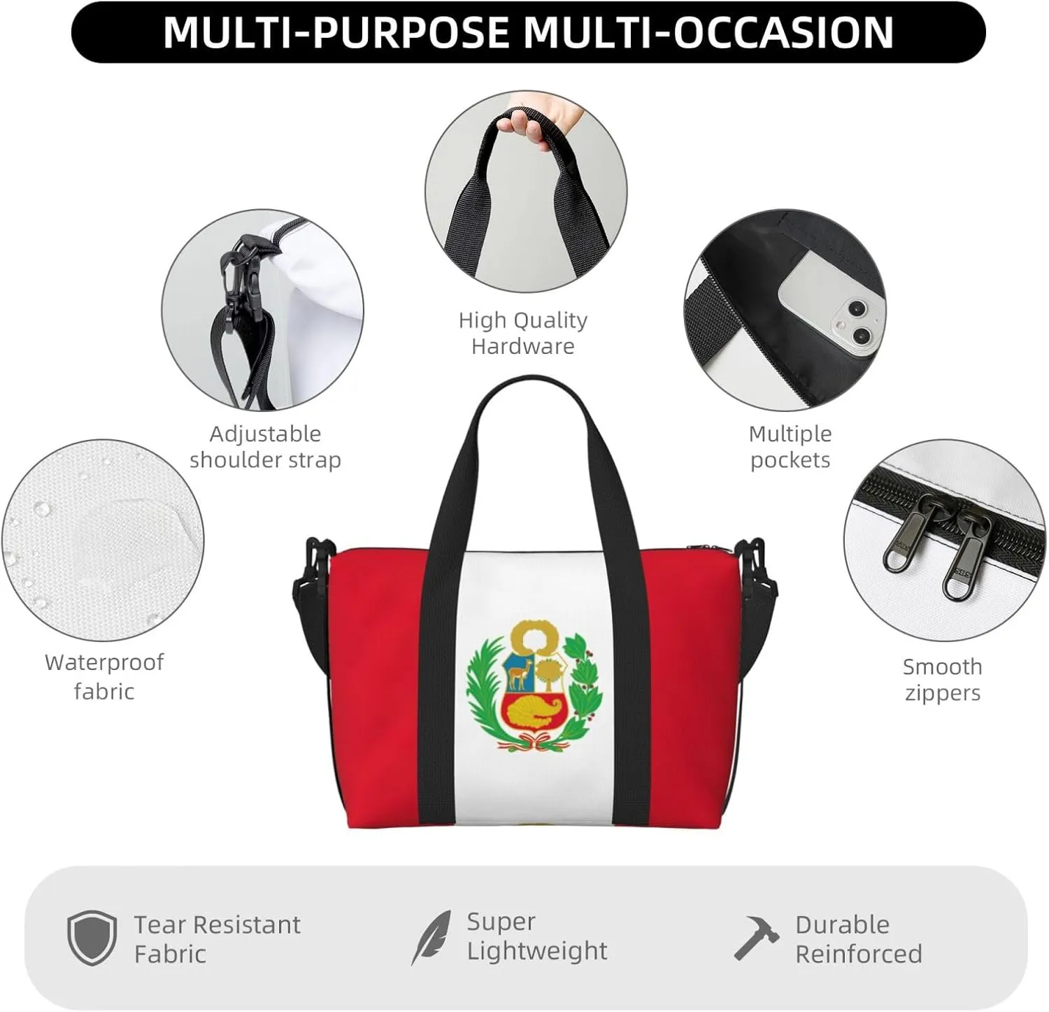 Flag Of Peru Travel Duffel Bag Carry On Tote Bags For Men,Weekender Overnight Bag,Sports Tote Gym Bag