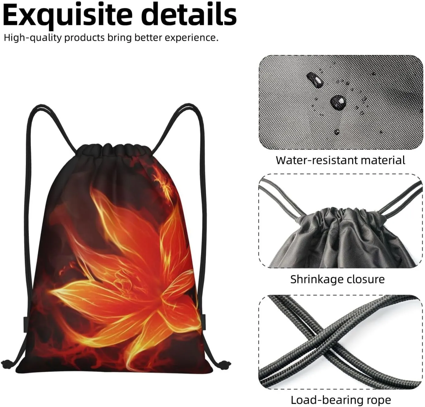 Flaming Fire Flowers Drawstring Backpack Waterproof String Bag Cinch Bags Portable Gym Bag for Women Men