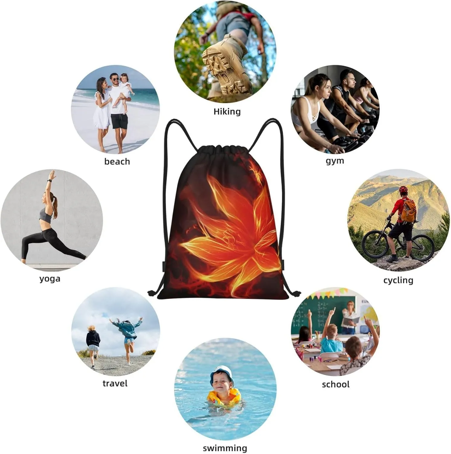 Flaming Fire Flowers Drawstring Backpack Waterproof String Bag Cinch Bags Portable Gym Bag for Women Men