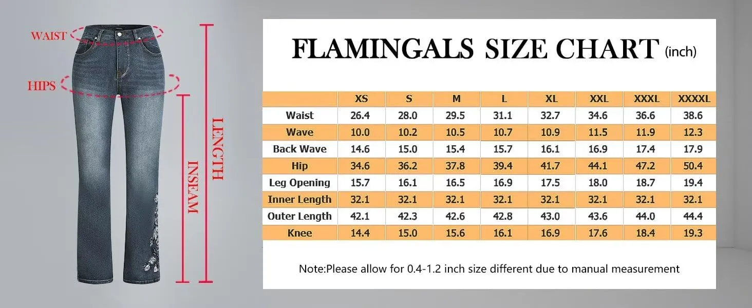 Flamingals Women's Floral Embroidery Mid Waist High Stretch Bootcut Jeans with Pockets