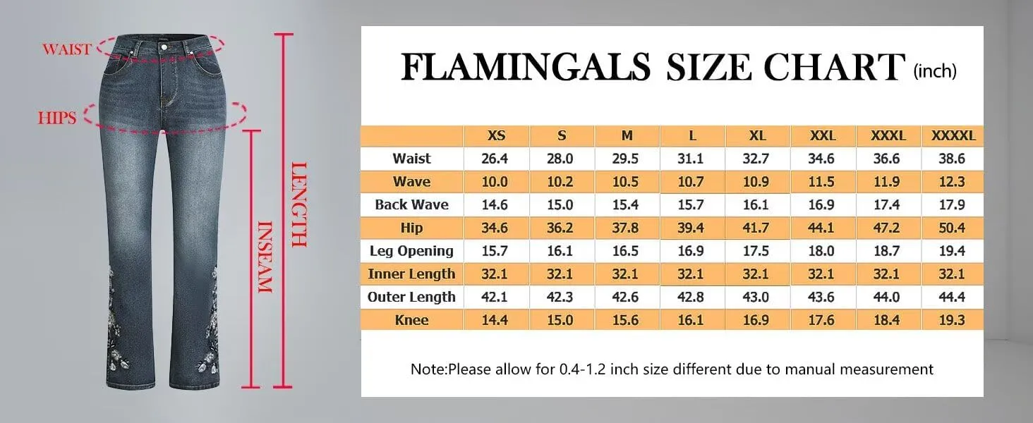 Flamingals Women's Floral Embroidery Mid Waist High Stretch Bootcut Jeans with Pockets