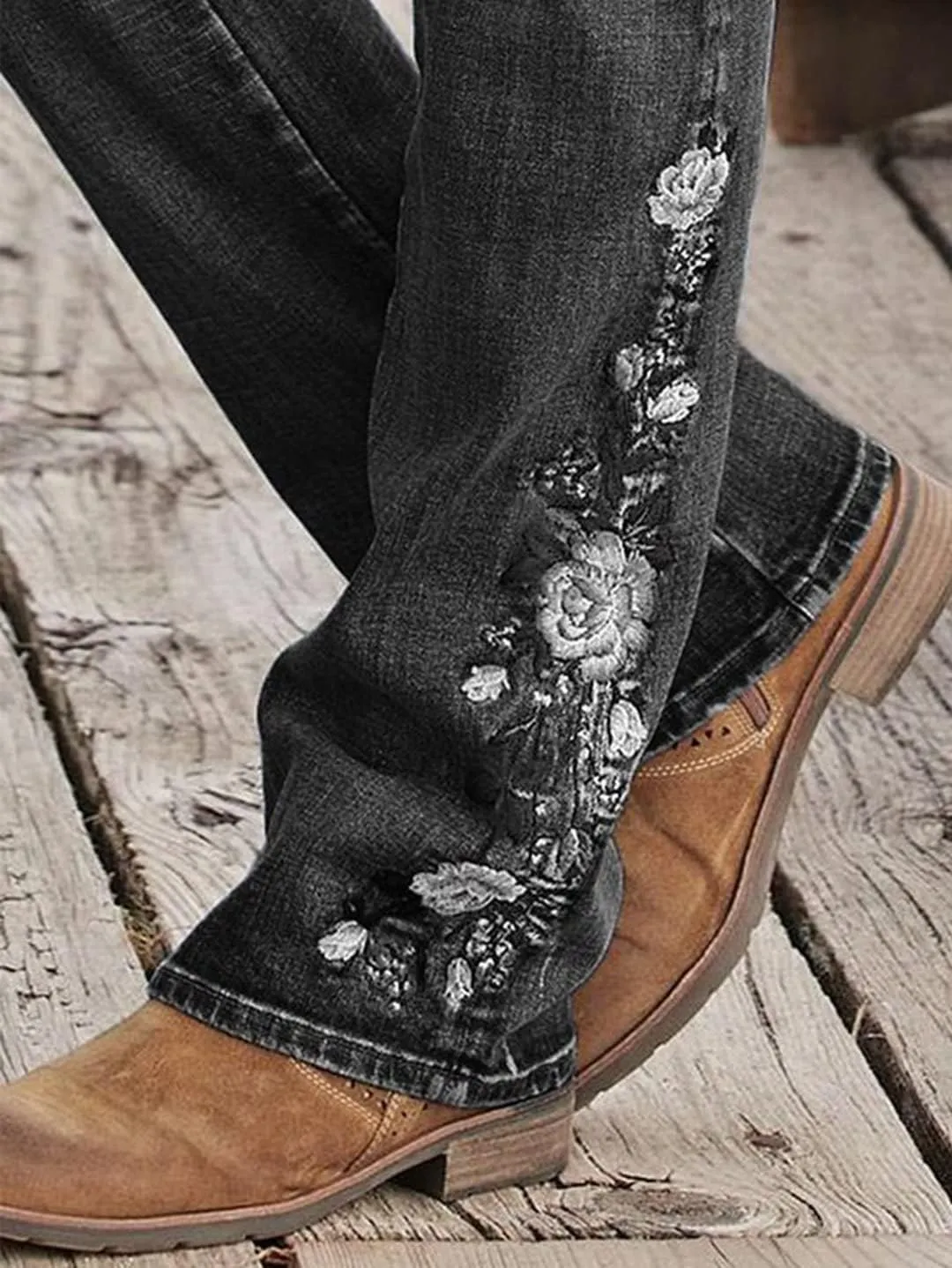 Flamingals Women's Floral Embroidery Mid Waist High Stretch Bootcut Jeans with Pockets