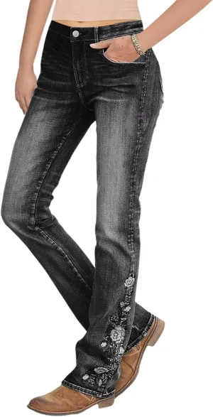 Flamingals Women's Floral Embroidery Mid Waist High Stretch Bootcut Jeans with Pockets