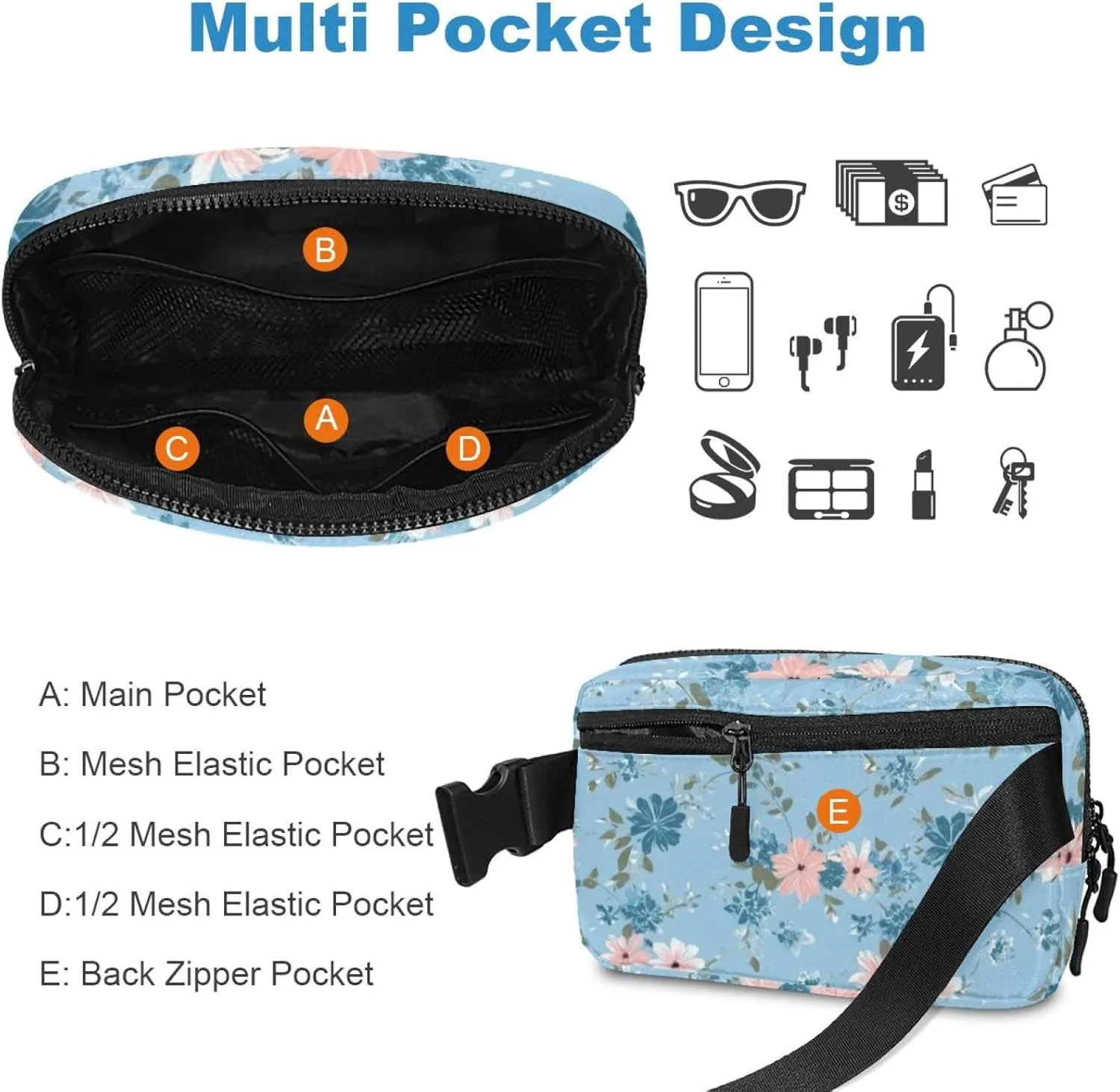 Floral Art Design Crossbody Fanny Pack for Men&Women,Belt Bag for Travel Casual Walking Running Hiking Cycling, 1.5x9.0x5.9in/4x23x15cm