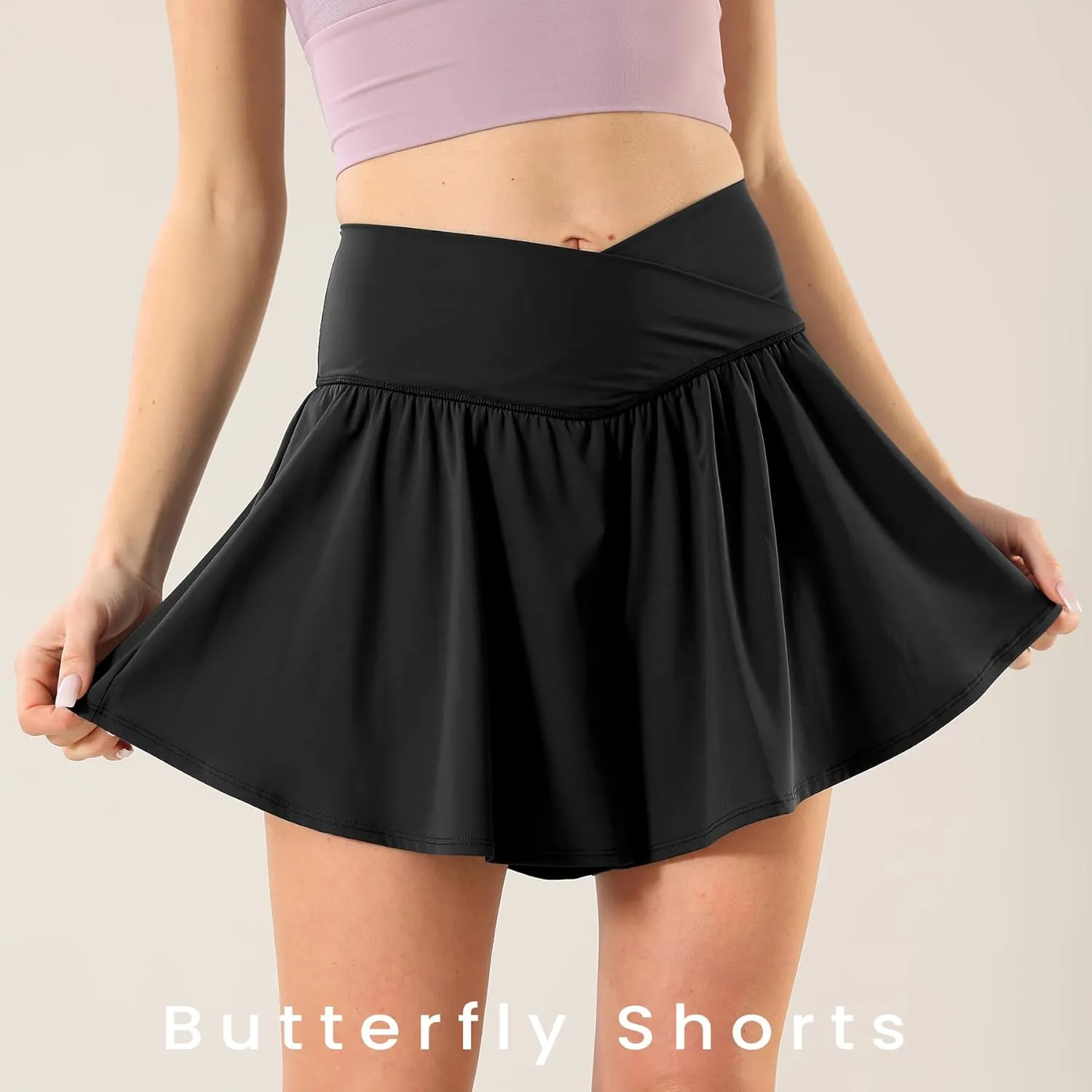 Flowy Ahletic Shorts for Women Butterfly Crossover Tennis Shorts 2 in 1 with Pockets