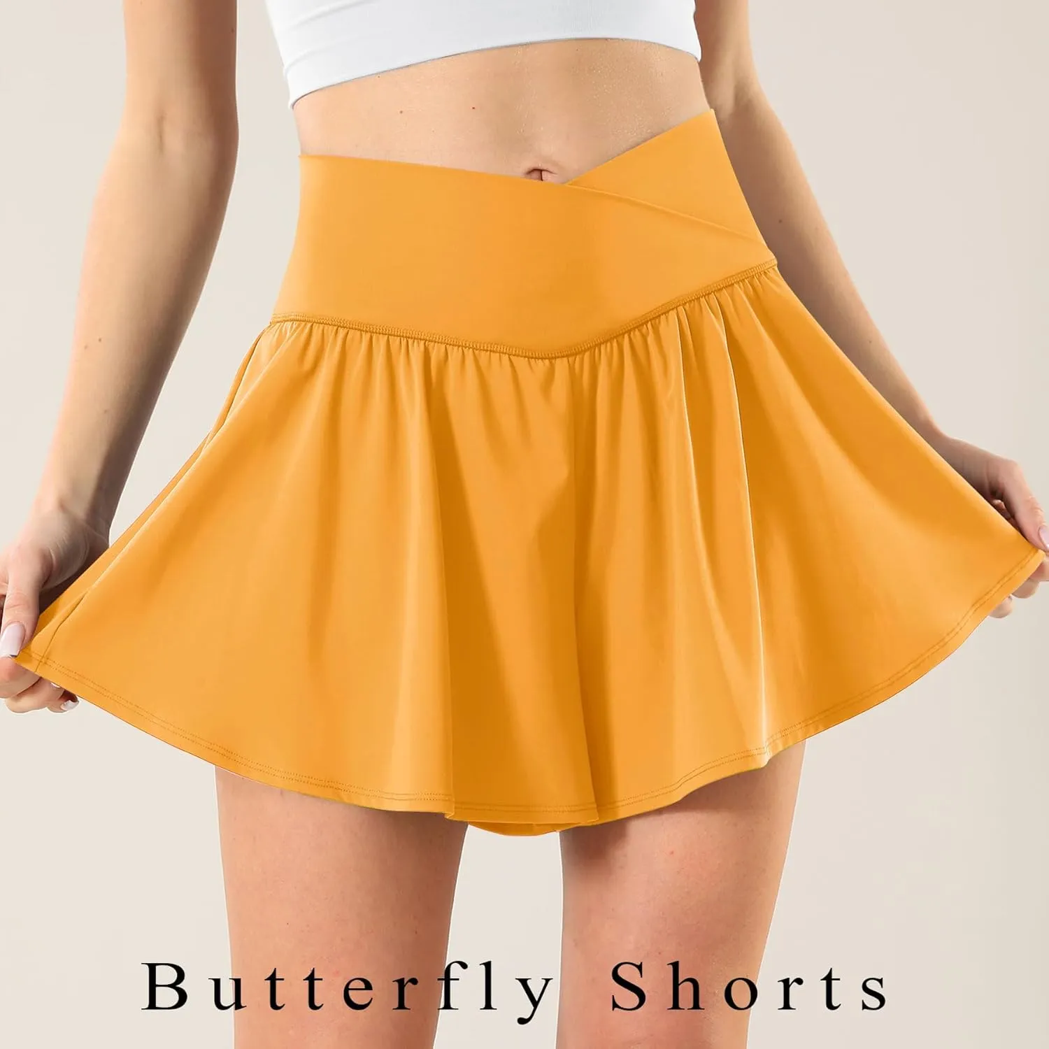 Flowy Ahletic Shorts for Women Butterfly Crossover Tennis Shorts 2 in 1 with Pockets