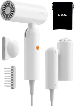 Foldable Hair Dryer for Travel - Global Voltage with Auto-Sensing, 1B Plasma Particles, 200times/s Temp Control, Portable Blow Dryer with Single-Sided Comb, White
