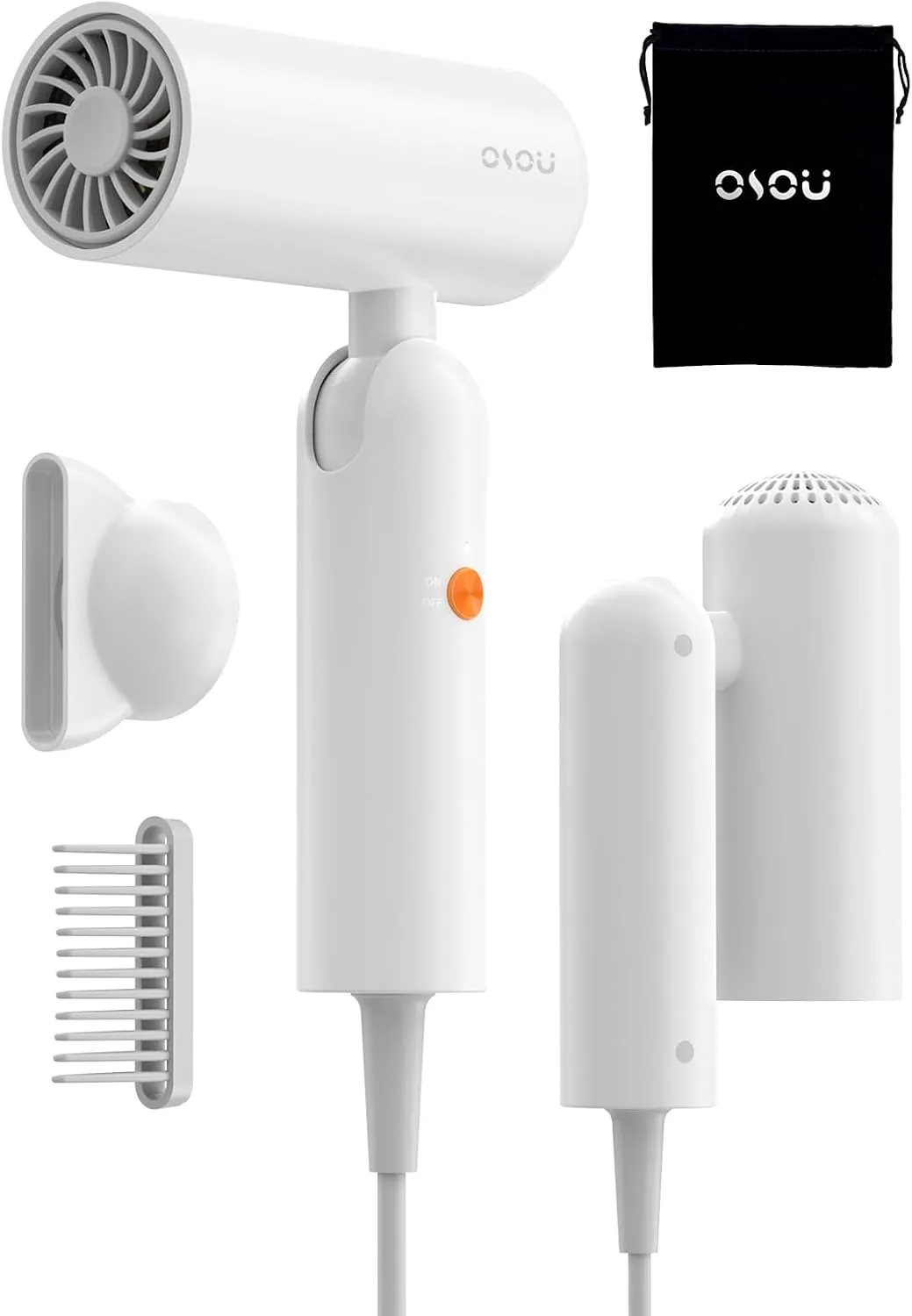 Foldable Hair Dryer for Travel - Global Voltage with Auto-Sensing, 1B Plasma Particles, 200times/s Temp Control, Portable Blow Dryer with Single-Sided Comb, White