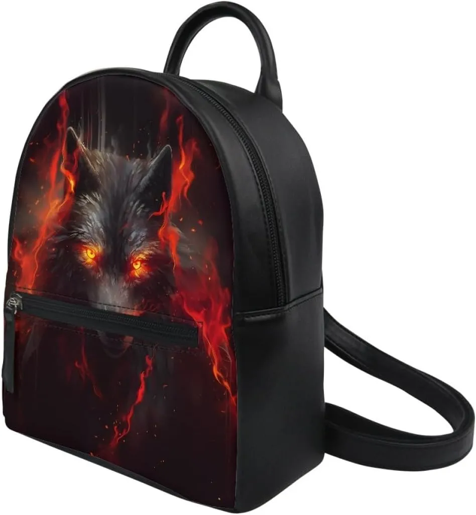 Fox Wolf Backpack for Teenager Boys Mens Lightweight Pu Leather Small Daypack School Bags for Traveling,Red Anger Wolf