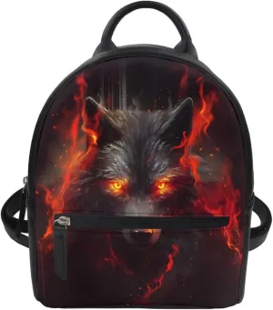 Fox Wolf Backpack for Teenager Boys Mens Lightweight Pu Leather Small Daypack School Bags for Traveling,Red Anger Wolf