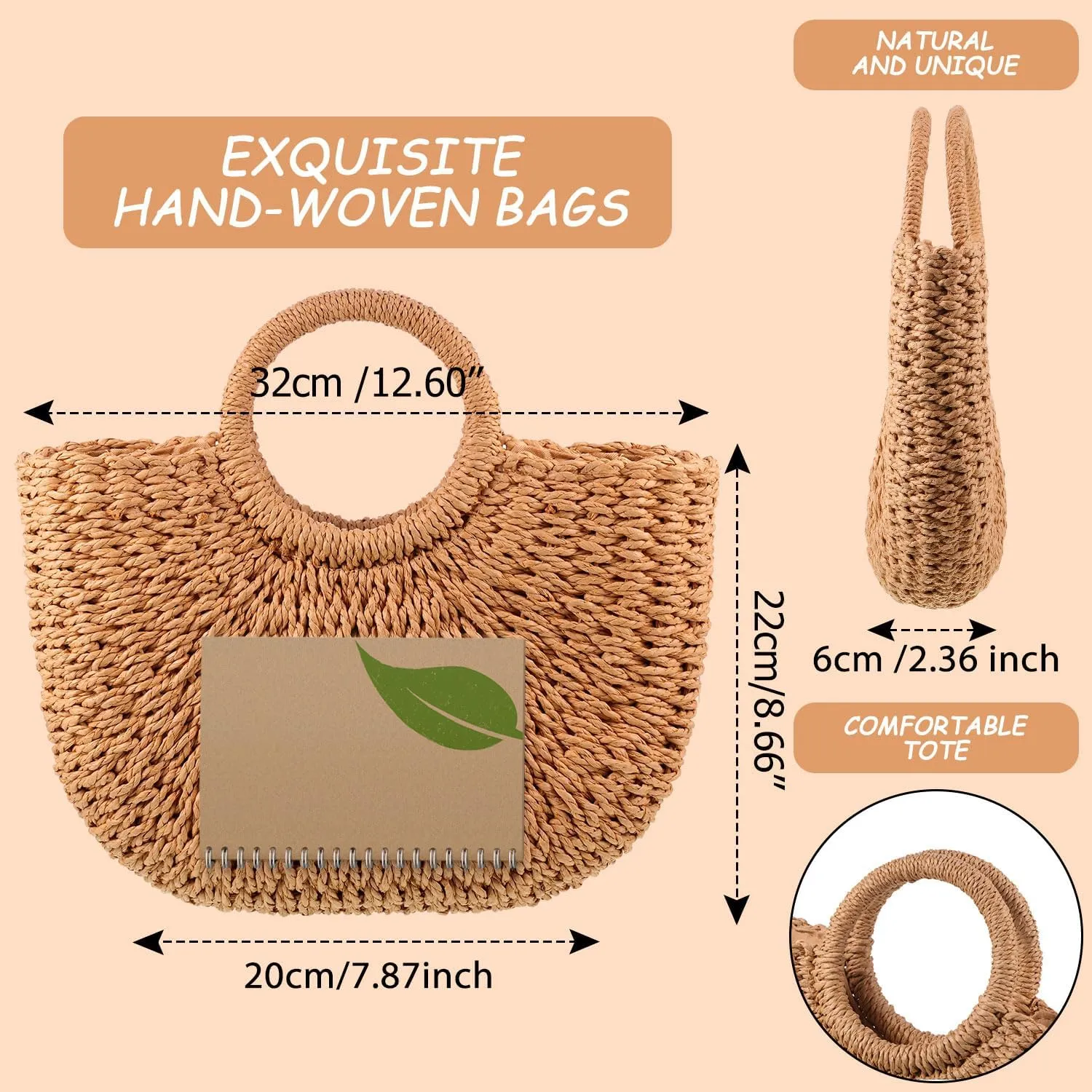 Frienda Straw Tote Bag Summer Beach Bag Handmade Straw Rattan Woven Handbag for Women Travel