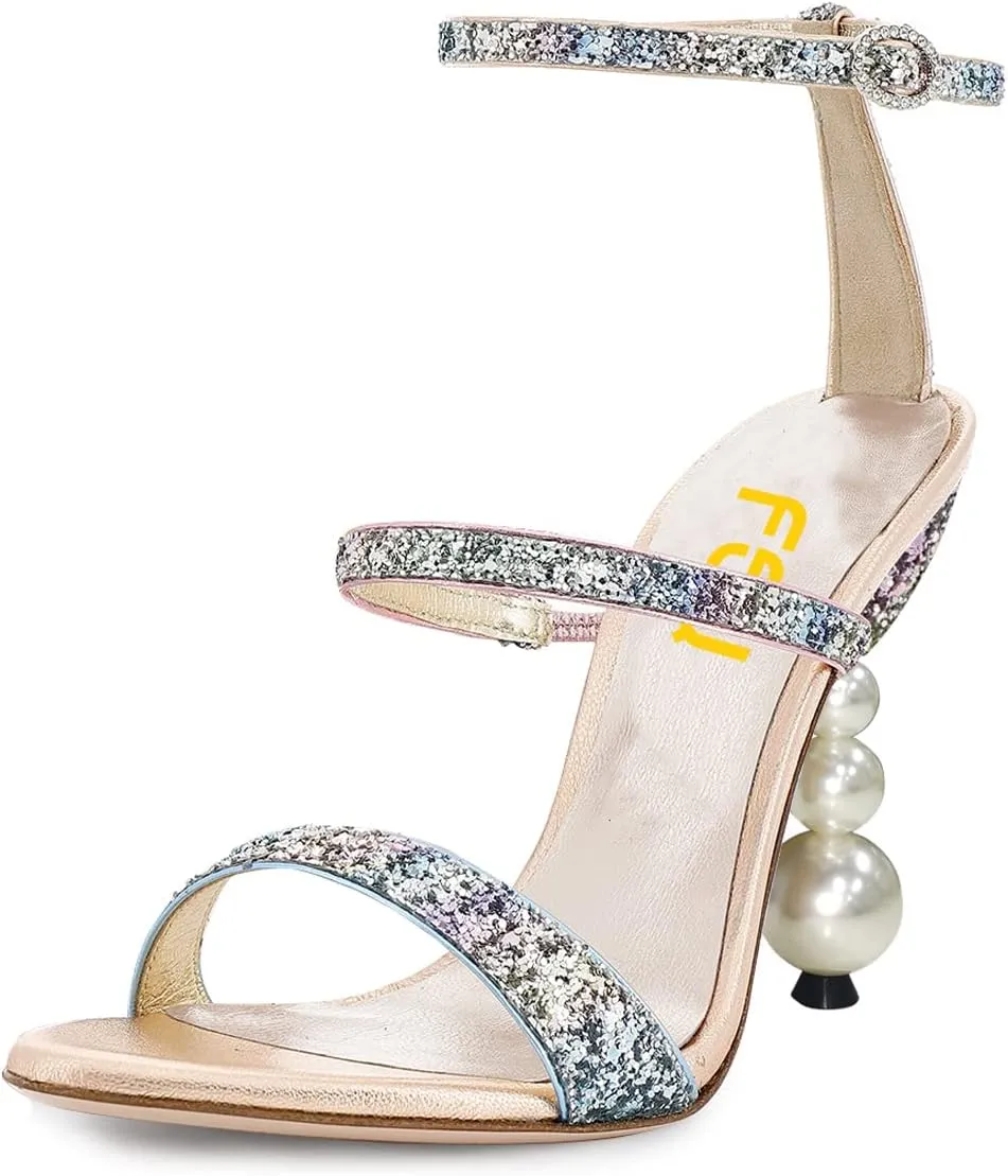 FSJ Women Elegant Open Toe Heeled Sandals Pearls Beaded High Heels Sexy Strappy Gladiator Shiny Rhinestone Ankle Strap Wedding Evening Party Dress Shoes Size 4-15 US