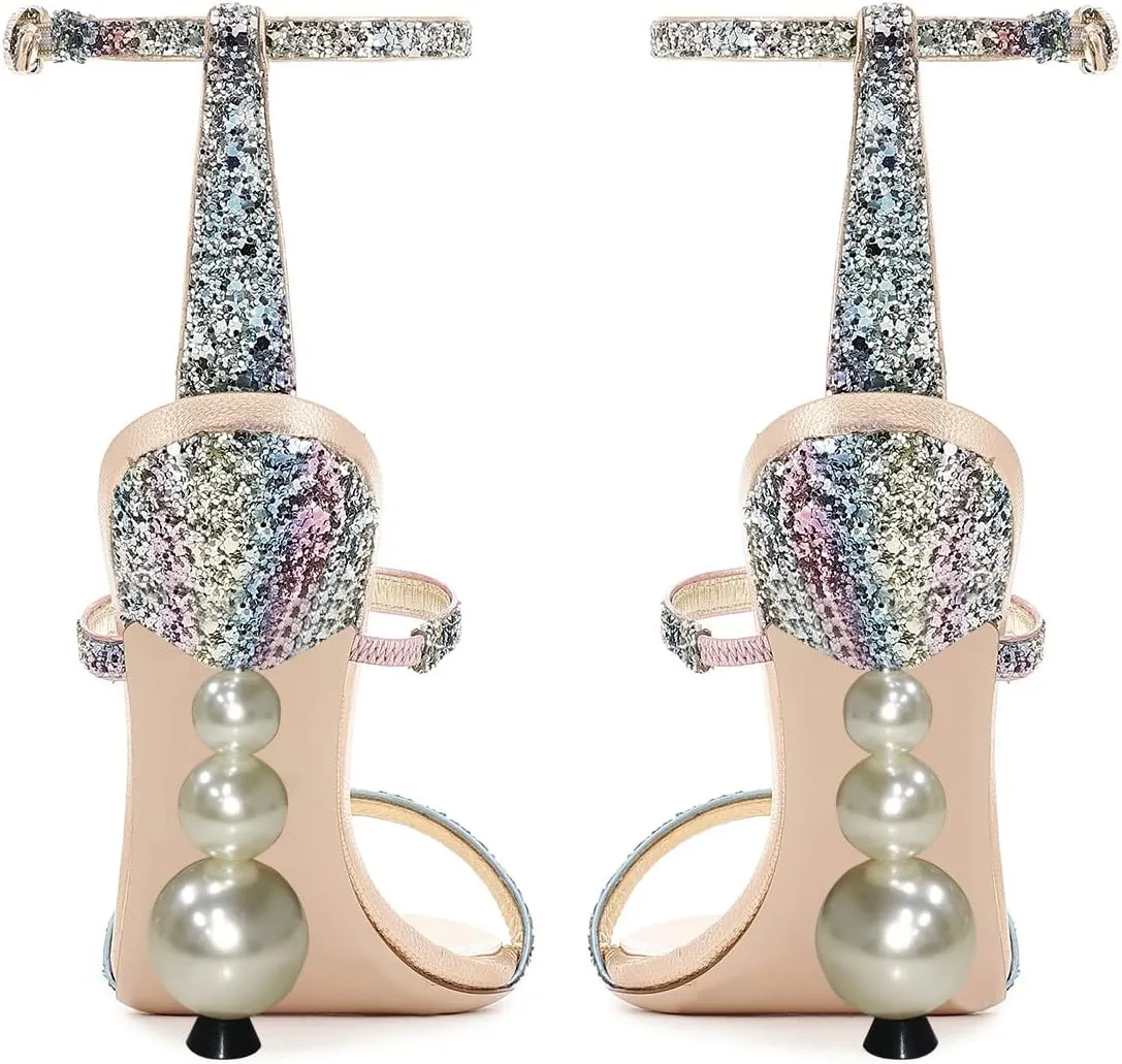 FSJ Women Elegant Open Toe Heeled Sandals Pearls Beaded High Heels Sexy Strappy Gladiator Shiny Rhinestone Ankle Strap Wedding Evening Party Dress Shoes Size 4-15 US