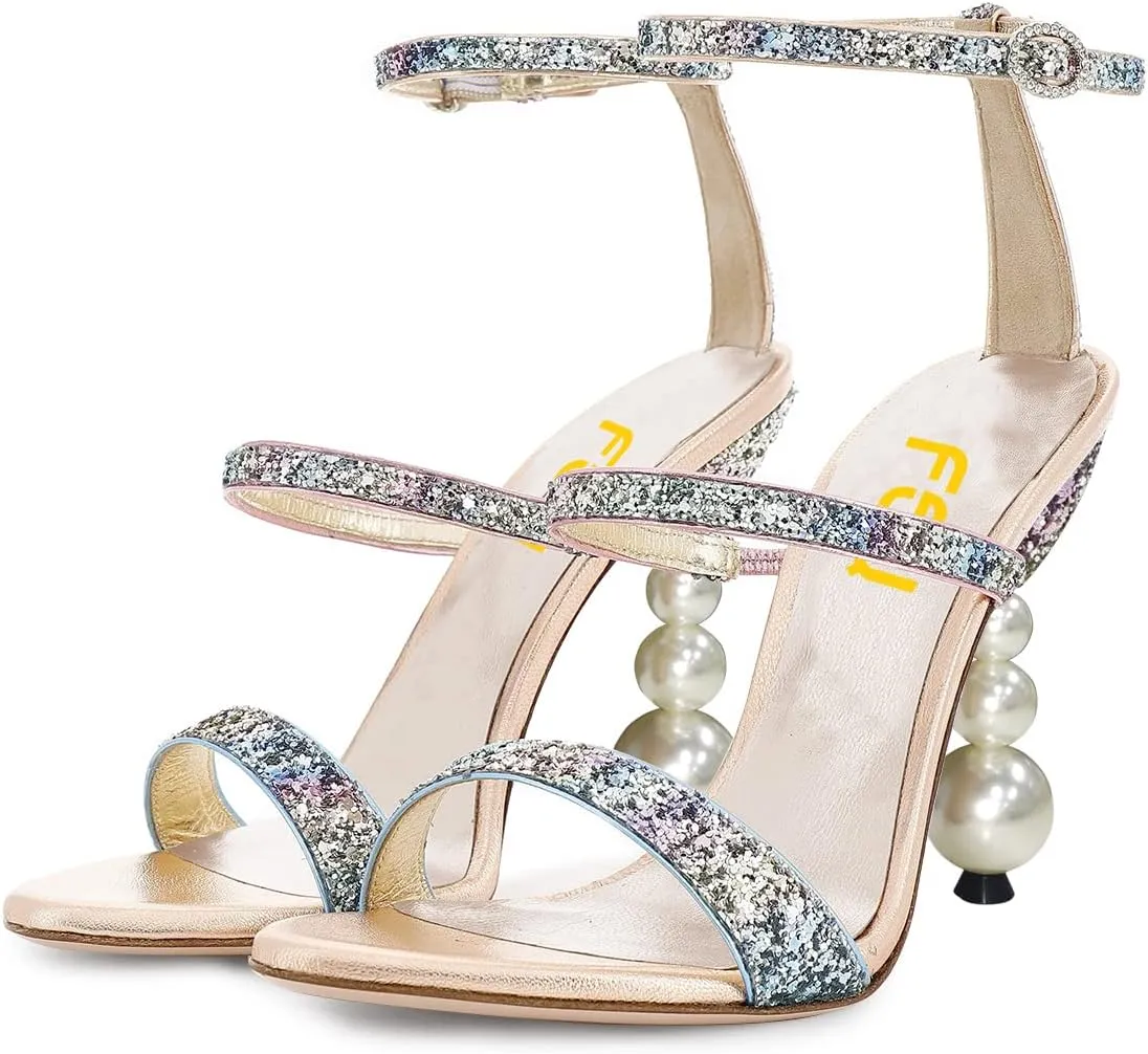 FSJ Women Elegant Open Toe Heeled Sandals Pearls Beaded High Heels Sexy Strappy Gladiator Shiny Rhinestone Ankle Strap Wedding Evening Party Dress Shoes Size 4-15 US