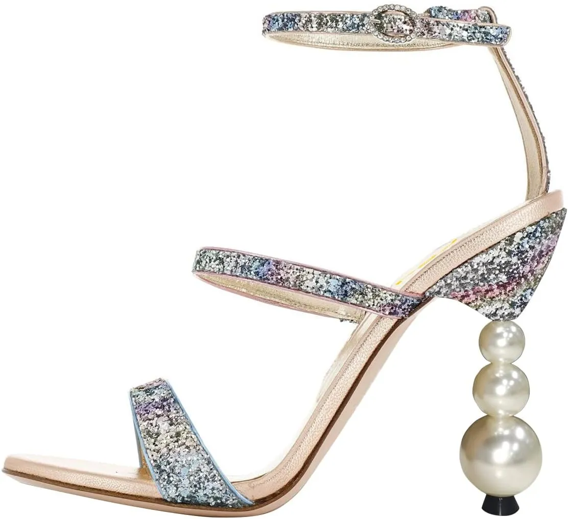 FSJ Women Elegant Open Toe Heeled Sandals Pearls Beaded High Heels Sexy Strappy Gladiator Shiny Rhinestone Ankle Strap Wedding Evening Party Dress Shoes Size 4-15 US
