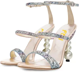 FSJ Women Elegant Open Toe Heeled Sandals Pearls Beaded High Heels Sexy Strappy Gladiator Shiny Rhinestone Ankle Strap Wedding Evening Party Dress Shoes Size 4-15 US