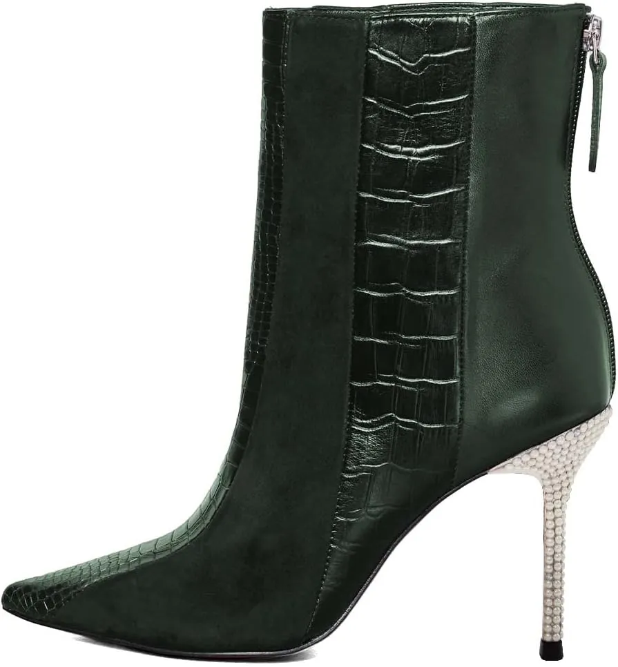 FSJ Women Sexy Stiletto High Heels Crocodile Pattern Ankle Boots Beaded Pointed Toe Booties Back Zipper 4 Inch Ladies Winter Banquet Party Evening Shoes Size 4-15 US
