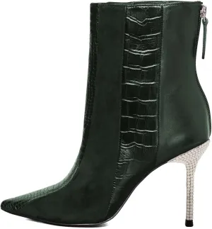 FSJ Women Sexy Stiletto High Heels Crocodile Pattern Ankle Boots Beaded Pointed Toe Booties Back Zipper 4 Inch Ladies Winter Banquet Party Evening Shoes Size 4-15 US