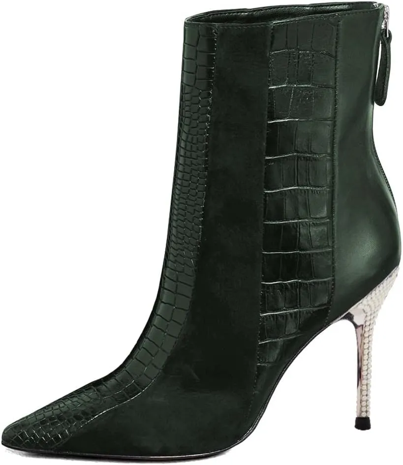 FSJ Women Sexy Stiletto High Heels Crocodile Pattern Ankle Boots Beaded Pointed Toe Booties Back Zipper 4 Inch Ladies Winter Banquet Party Evening Shoes Size 4-15 US