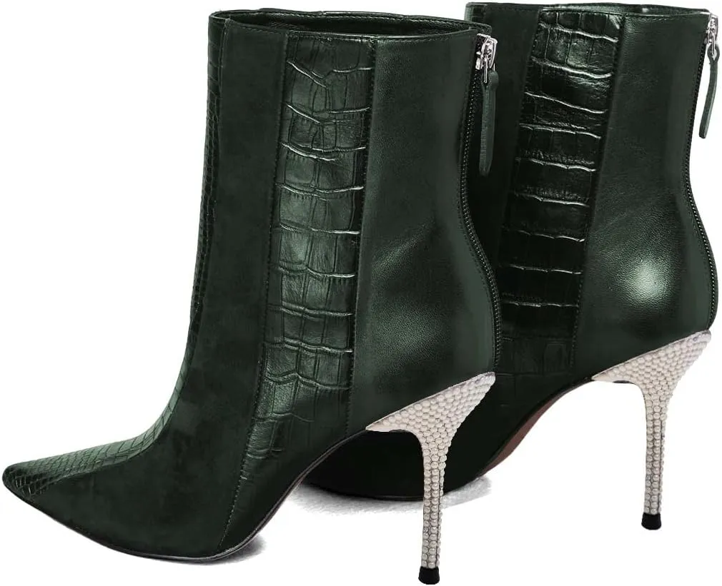 FSJ Women Sexy Stiletto High Heels Crocodile Pattern Ankle Boots Beaded Pointed Toe Booties Back Zipper 4 Inch Ladies Winter Banquet Party Evening Shoes Size 4-15 US