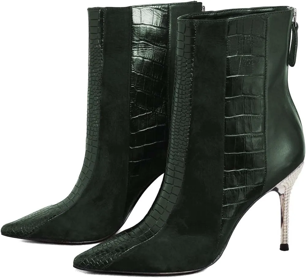 FSJ Women Sexy Stiletto High Heels Crocodile Pattern Ankle Boots Beaded Pointed Toe Booties Back Zipper 4 Inch Ladies Winter Banquet Party Evening Shoes Size 4-15 US