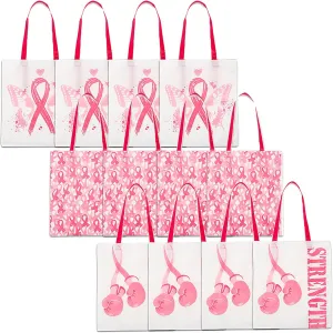 Fun Express Large Pink Ribbon Reusable Tote Bags (set of 12) Breast Cancer Awareness Supplies, 12" x 17" Tote