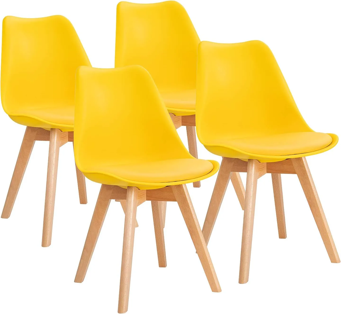 Furniwell Dining Chairs Mid Century Modern DSW Chair Upholstered Side Kitchen Chairs with Wood Leg and Soft Padded Cushion Shell Tulip Chairs For Kitchen, Dining, Bedroom, Living Room Set of 4(Yellow)