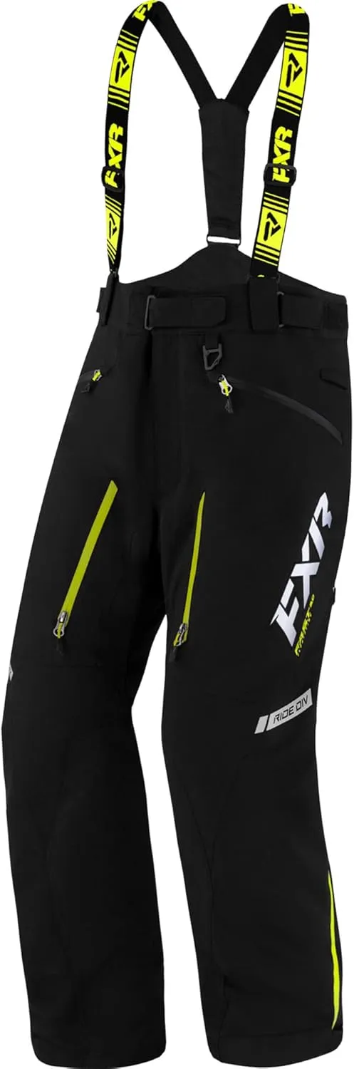 FXR Mens Mission FX Snowmobile Pants Snowproof Vented Black/Hi Vis Snow Bibs - X-Large