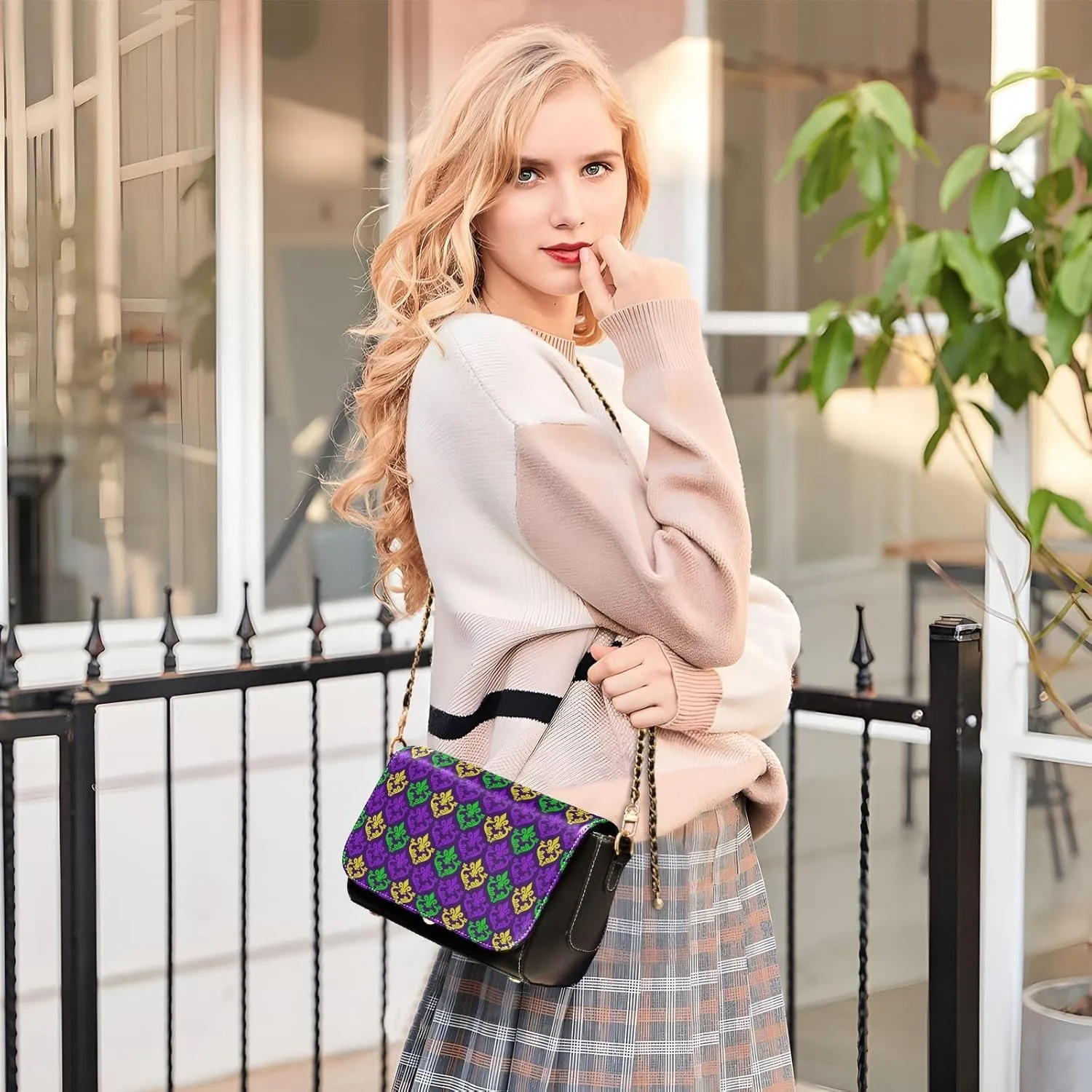 GAIGEO Mardi Gras Pattern Crossbody Leather Bags for Women, Leather Crossbody Bag, Womens Leather Crossbody Bags