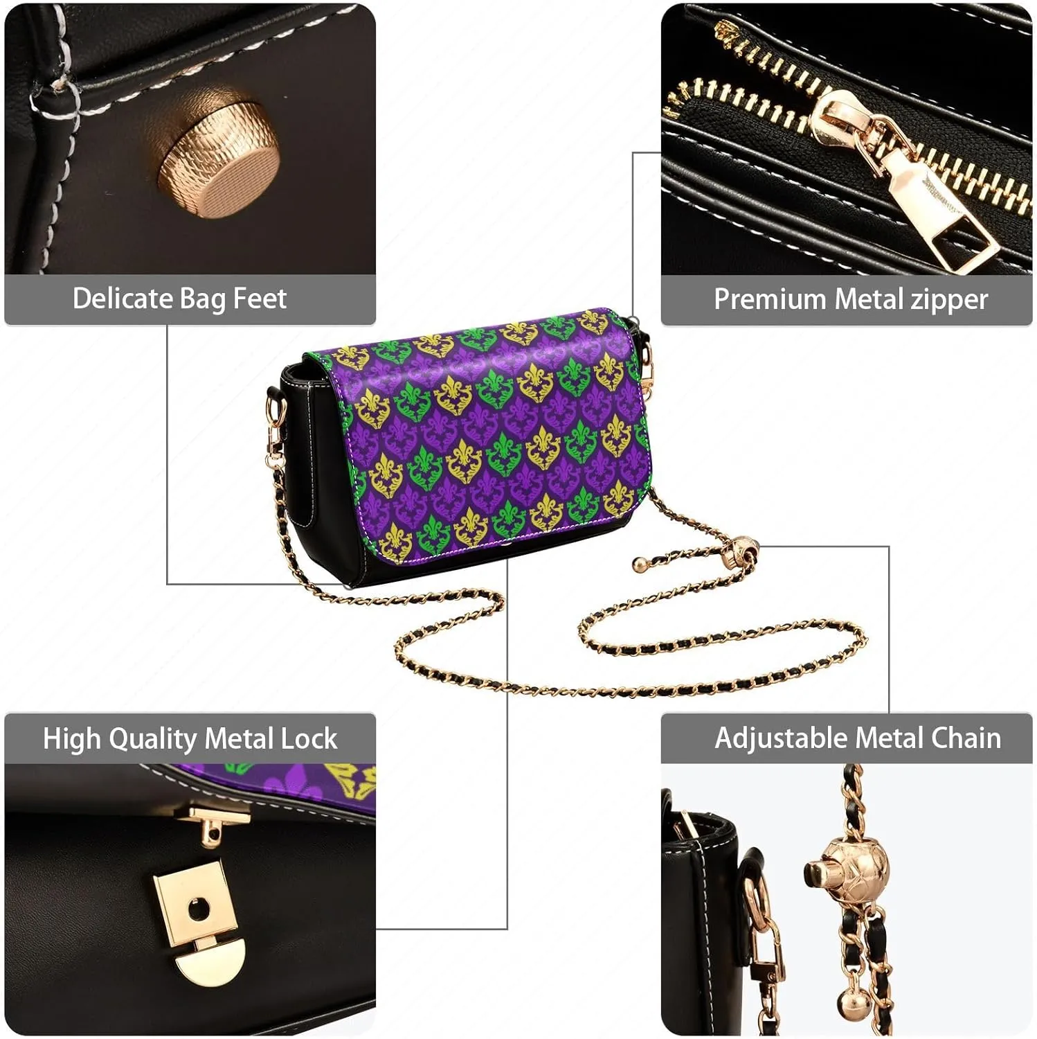 GAIGEO Mardi Gras Pattern Crossbody Leather Bags for Women, Leather Crossbody Bag, Womens Leather Crossbody Bags