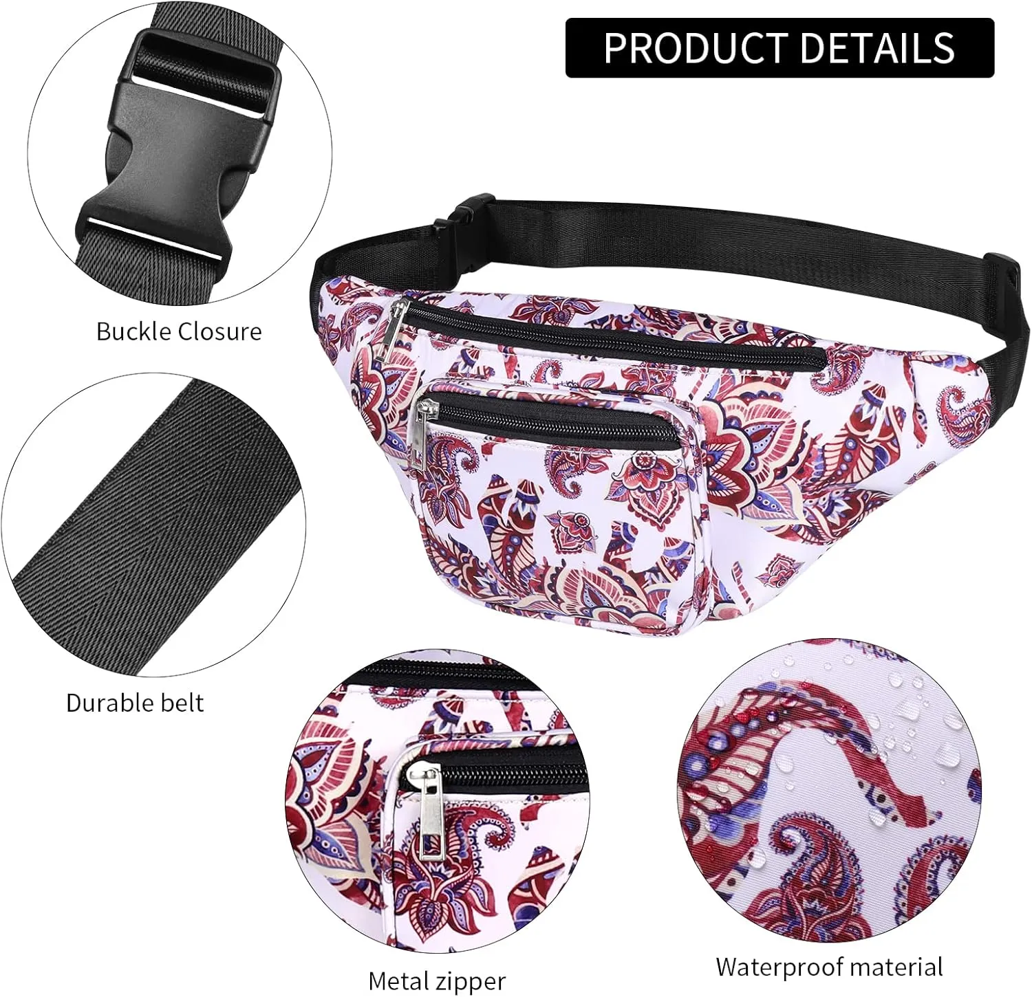 Geestock Fanny Packs for Women, Plus Size Fashion Printed Belt Bag Waterproof Crossbody Waist Bag for for Rave, Festival, Outdoor Workout, Travel, Party (White   Flower)