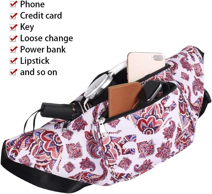 Geestock Fanny Packs for Women, Plus Size Fashion Printed Belt Bag Waterproof Crossbody Waist Bag for for Rave, Festival, Outdoor Workout, Travel, Party (White   Flower)