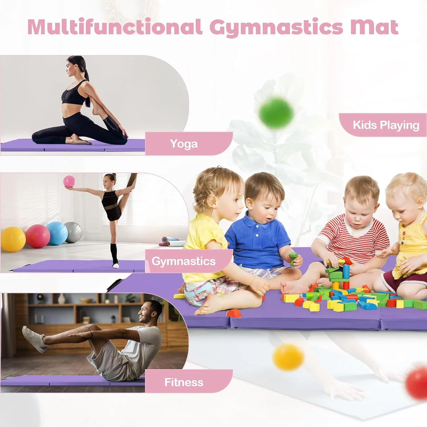 Giantex 4'x8' Gymnastics Mat, 2" Thick Folding Tumbling Mat with Carrying Handles, Foldable Gym Mat with Hook and Loop Fastener, Cheer Mats for Kids Adults Home Exercise Aerobics Fitness