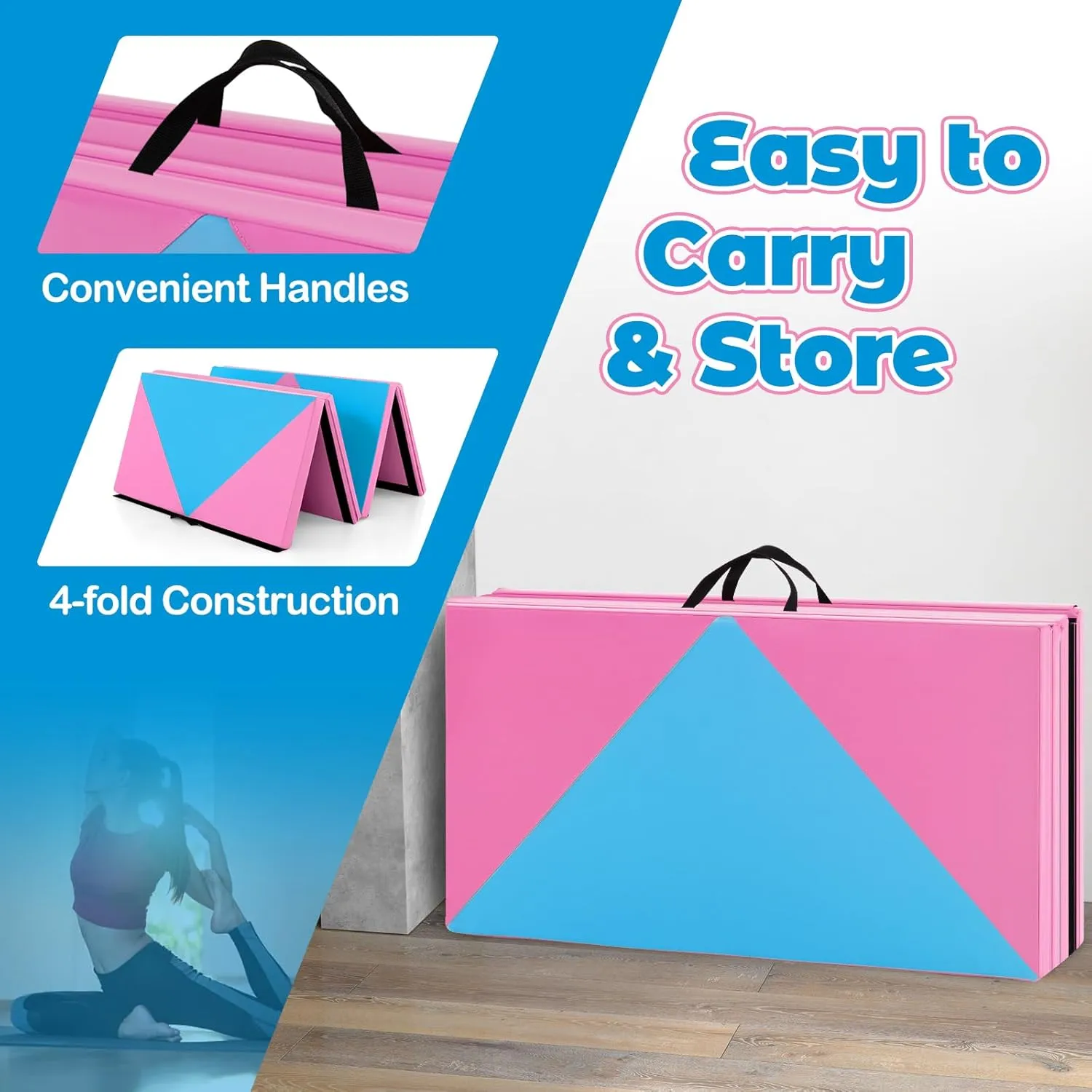 Giantex 4'x8' Gymnastics Mat, 2" Thick Folding Tumbling Mat with Carrying Handles, Foldable Gym Mat with Hook and Loop Fastener, Cheer Mats for Kids Adults Home Exercise Aerobics Fitness