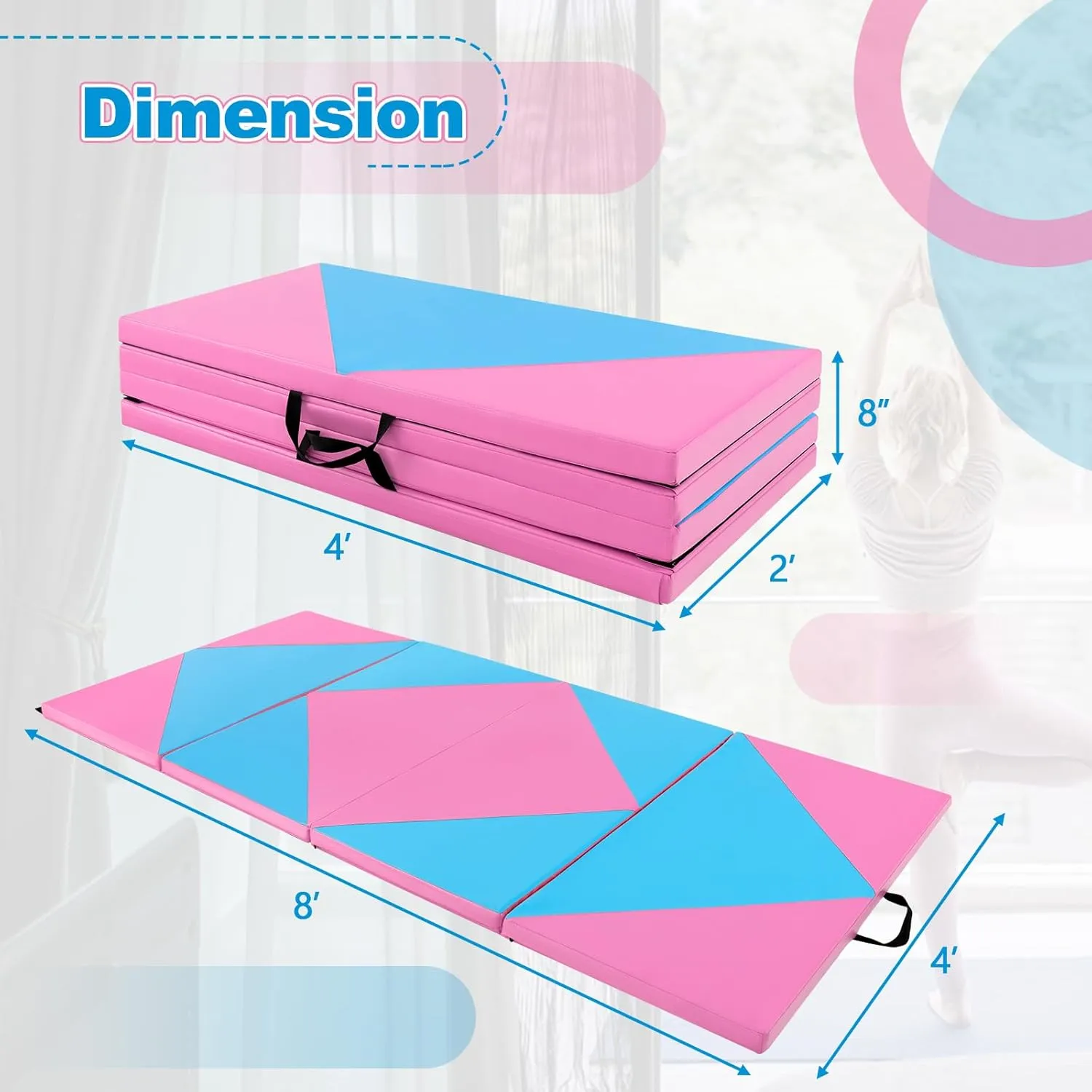 Giantex 4'x8' Gymnastics Mat, 2" Thick Folding Tumbling Mat with Carrying Handles, Foldable Gym Mat with Hook and Loop Fastener, Cheer Mats for Kids Adults Home Exercise Aerobics Fitness