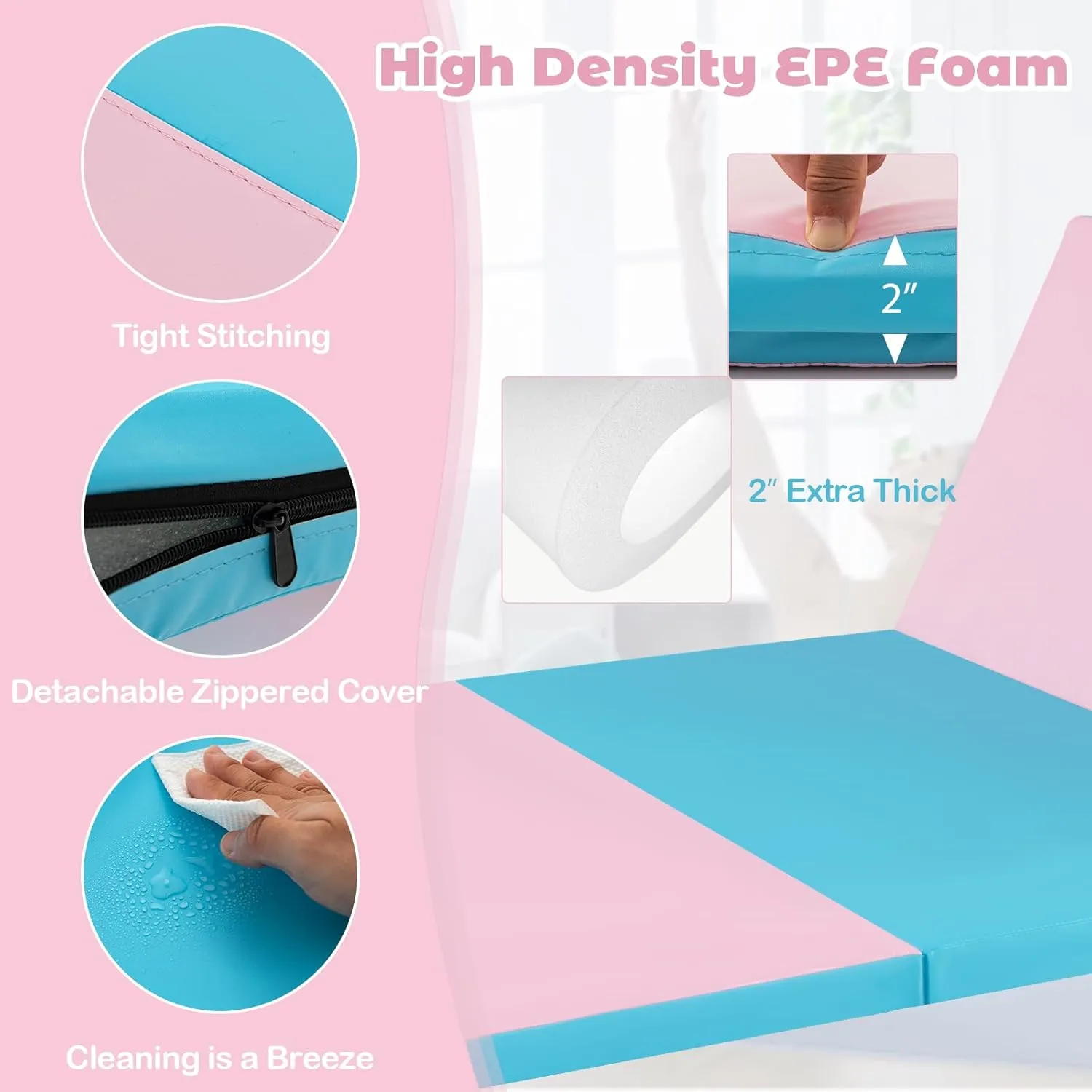 Giantex 4'x8' Gymnastics Mat, 2" Thick Folding Tumbling Mat with Carrying Handles, Foldable Gym Mat with Hook and Loop Fastener, Cheer Mats for Kids Adults Home Exercise Aerobics Fitness