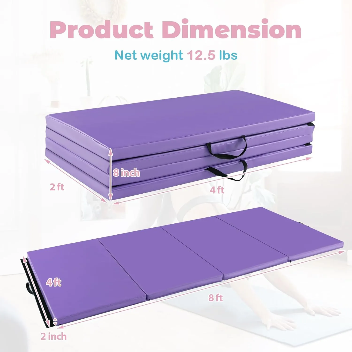 Giantex 4'x8' Gymnastics Mat, 2" Thick Folding Tumbling Mat with Carrying Handles, Foldable Gym Mat with Hook and Loop Fastener, Cheer Mats for Kids Adults Home Exercise Aerobics Fitness