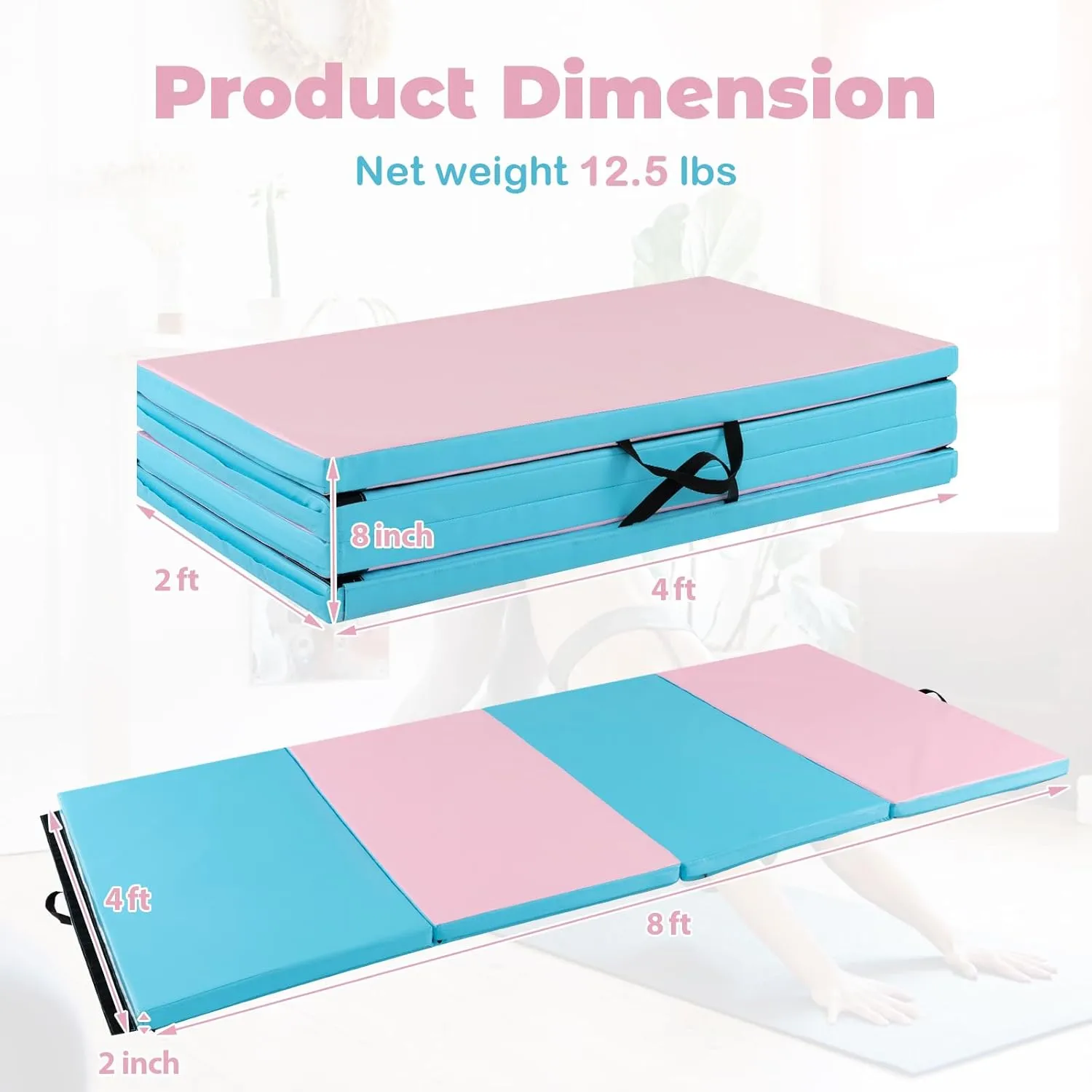 Giantex 4'x8' Gymnastics Mat, 2" Thick Folding Tumbling Mat with Carrying Handles, Foldable Gym Mat with Hook and Loop Fastener, Cheer Mats for Kids Adults Home Exercise Aerobics Fitness